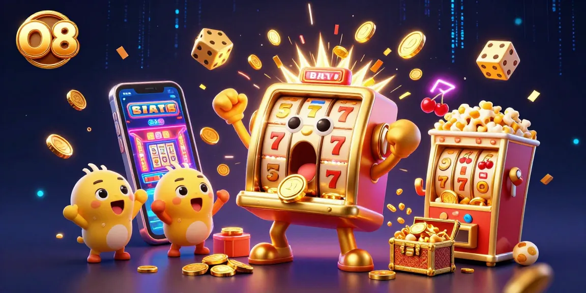 O8 showcases a vivid jackpot scene with a golden slot machine hitting its jackpot amidst coins and cheering baby machines.