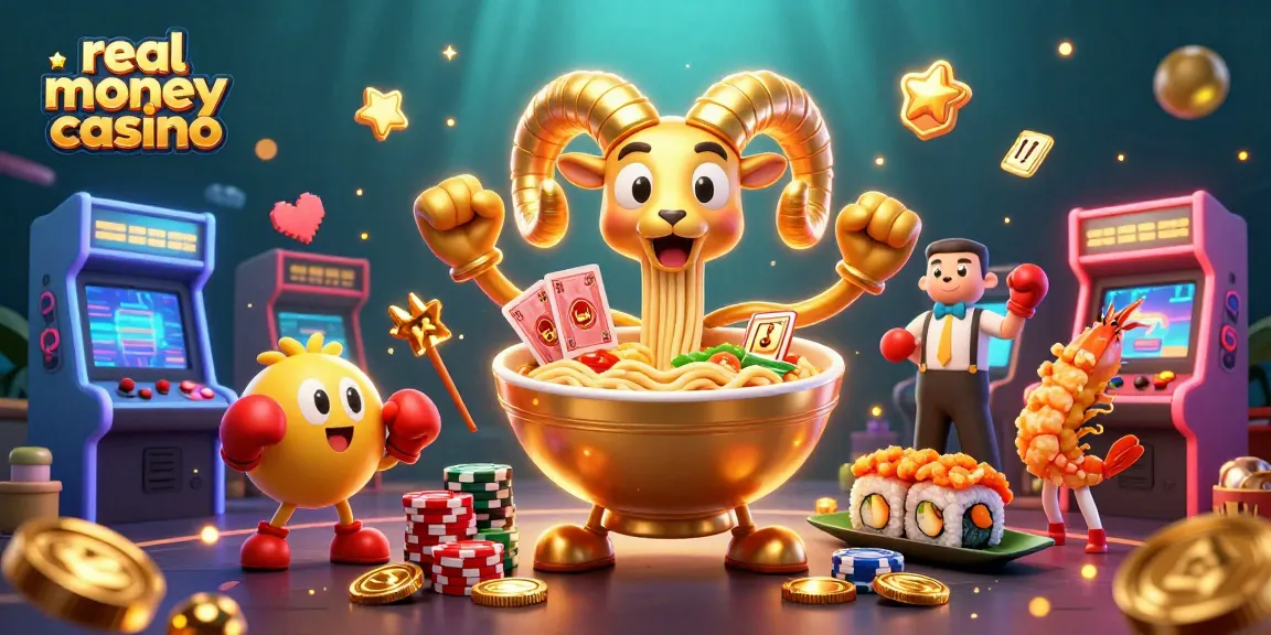 Engage with the vibrant real money casino scene featuring a ramen bowl dealer and dynamic gaming elements.