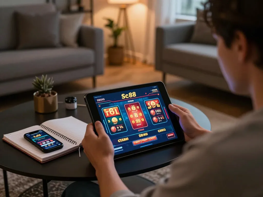 Engaging in trò chơi sc88 on a tablet in a cozy living room setting, showcasing the online casino experience.