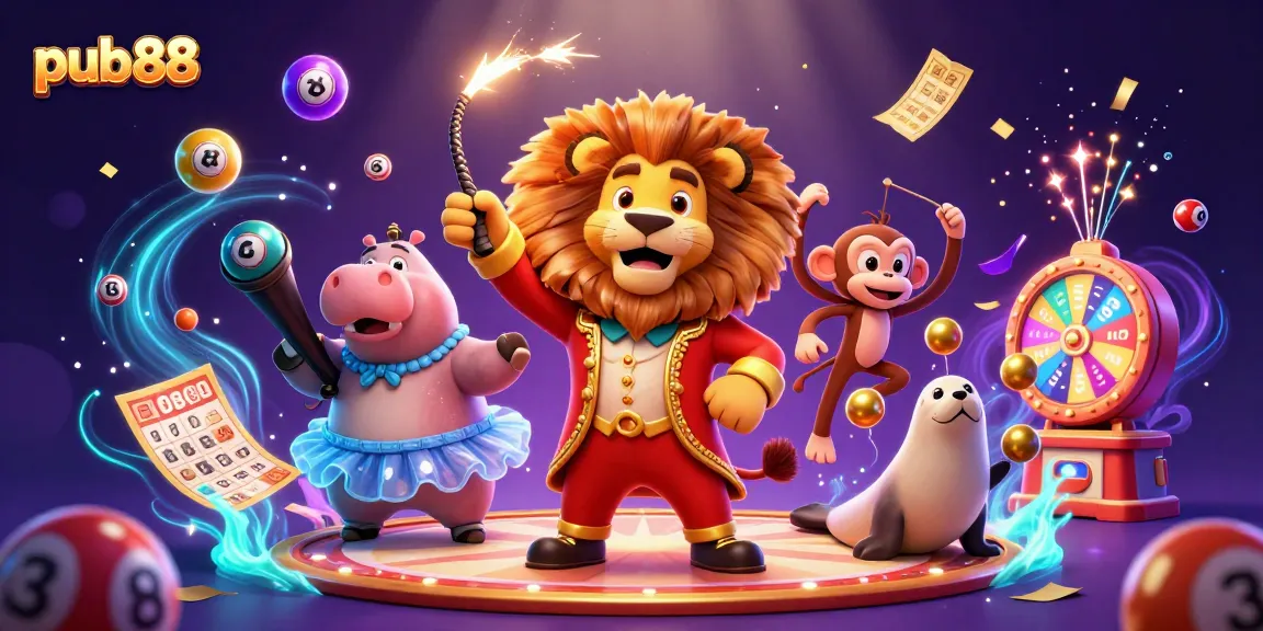 Experience thrilling gaming action at pub88 with circus characters in vibrant colors and dynamic elements.