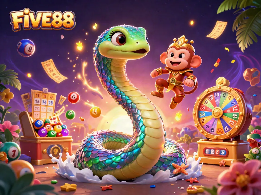 Engage with FIVE88's colorful lottery gaming world featuring vibrant balls and dynamic visuals.