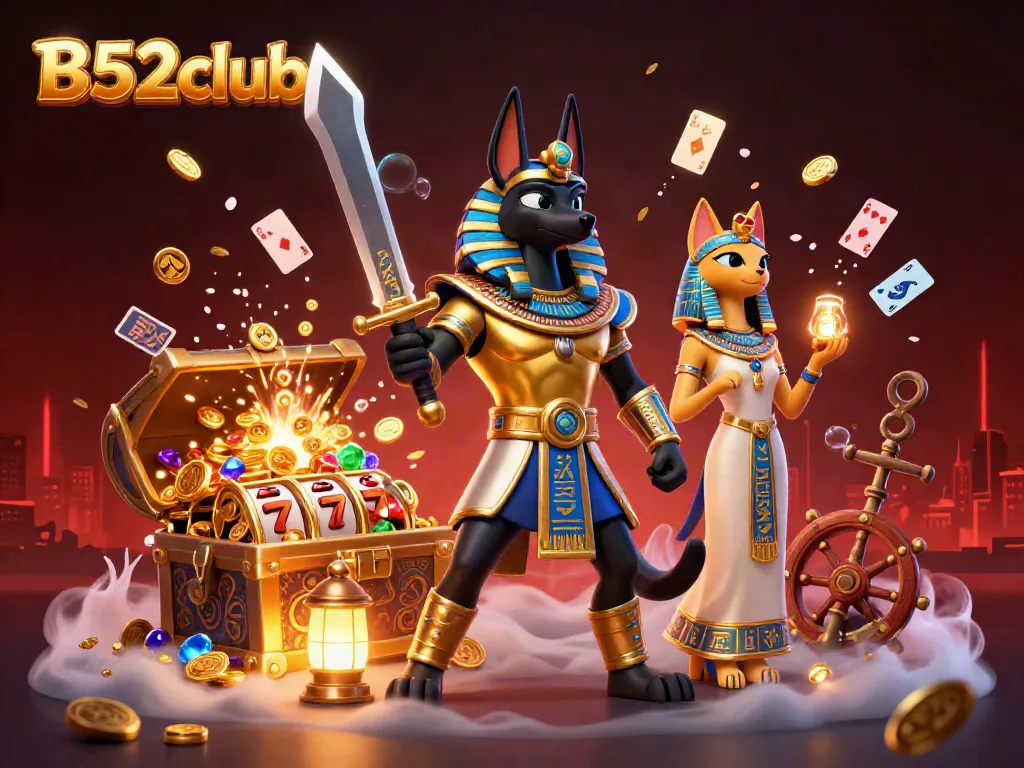Experience the thrill of B52club with Anubis and Bastet amid golden treasures and vibrant slot games.