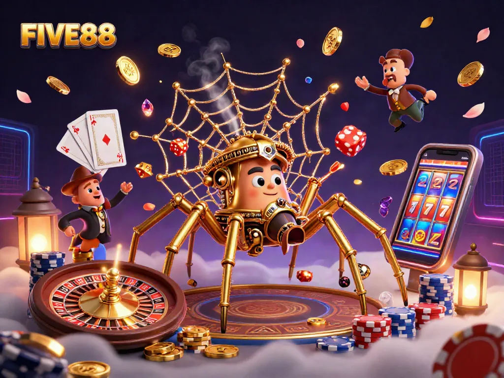 Win big at FIVE88 with an enchanting steampunk scene filled with slots and casino elements.