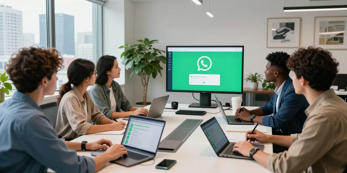 Group of professionals collaborating on WhatsApp網頁版 at a modern office workspace.