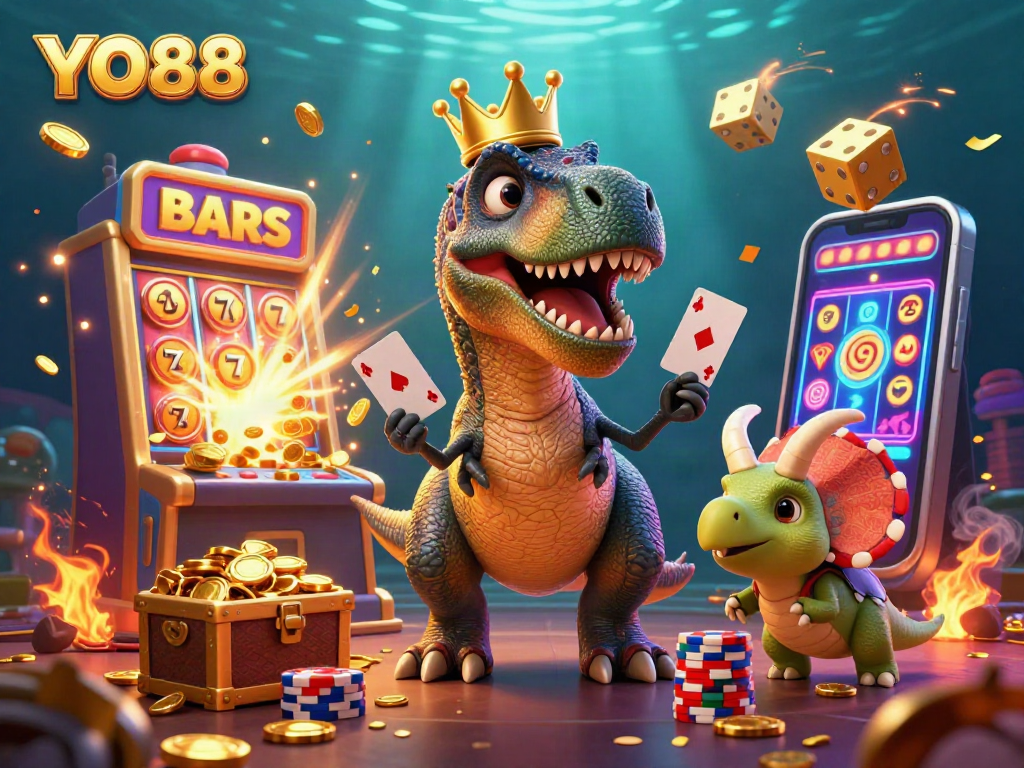 YO88 showcases a vibrant casino scene with a T-Rex shuffling cards and colorful elements, designed for players.