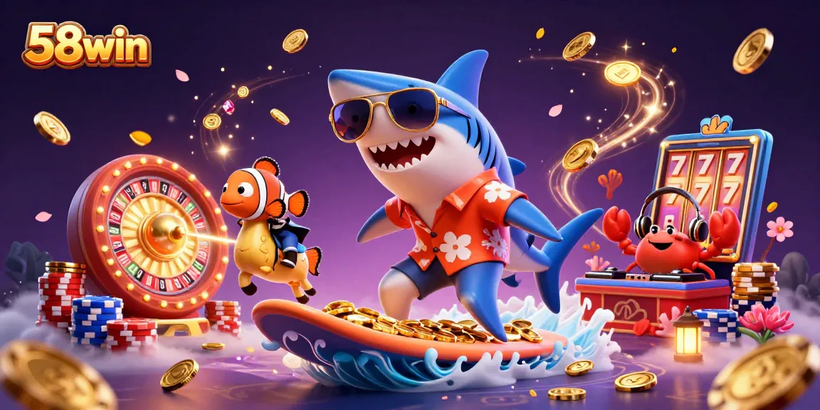 Experience thrilling 58win gaming with a lively casino scene featuring a shark, clownfish, and crab dj
