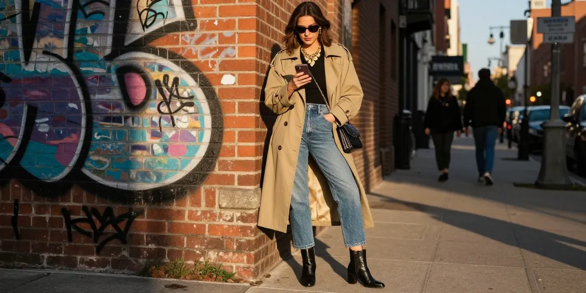 Stylish woman in urban fashion blog outfit showcasing contemporary trends against a vibrant street backdrop.