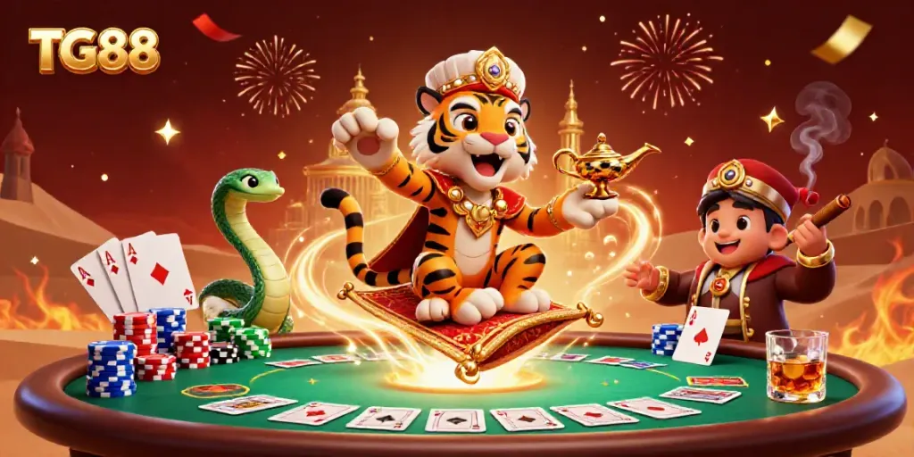 Experience high-stakes excitement at TG88 with our animated casino scene featuring vibrant characters and gameplay elements.