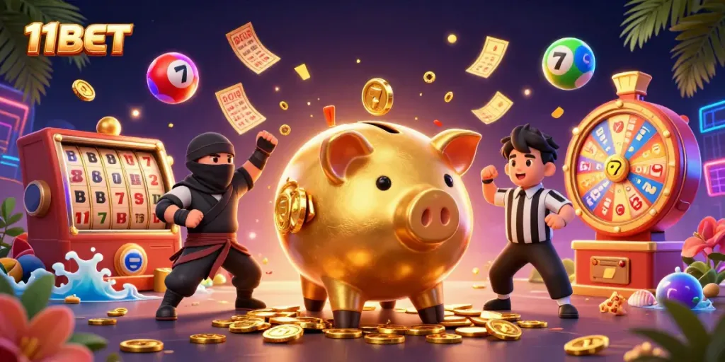 Experience thrilling gameplay with 11BET featuring a sumo wrestler, ninja, and samurai amidst dynamic casino elements.