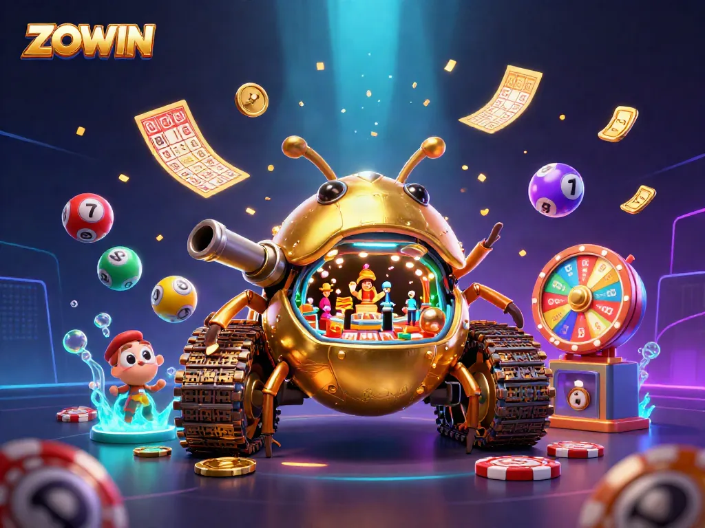 ZOWIN captures excitement with a golden beetle tank casino and colorful lottery elements.