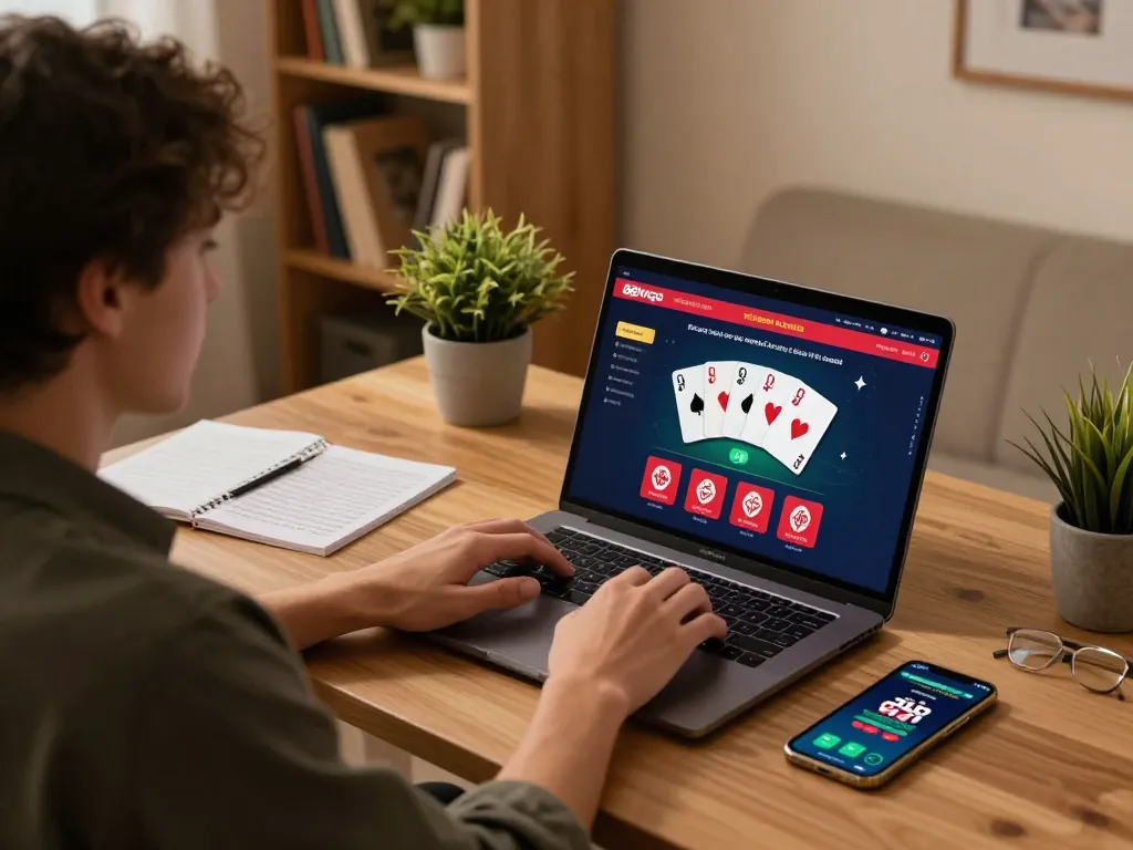 Person enjoying online gaming with 88vvgo, engaged with poker interface on laptop.