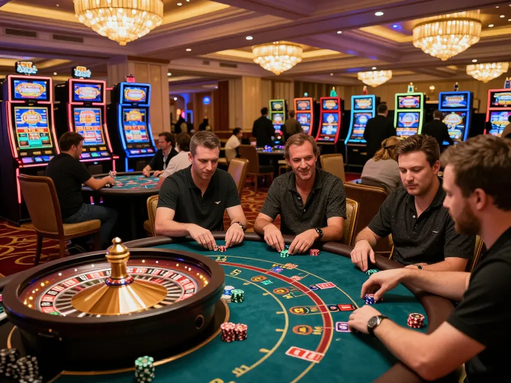 Players enjoying exhilarating games like vb88 roulette and poker in a vibrant casino atmosphere