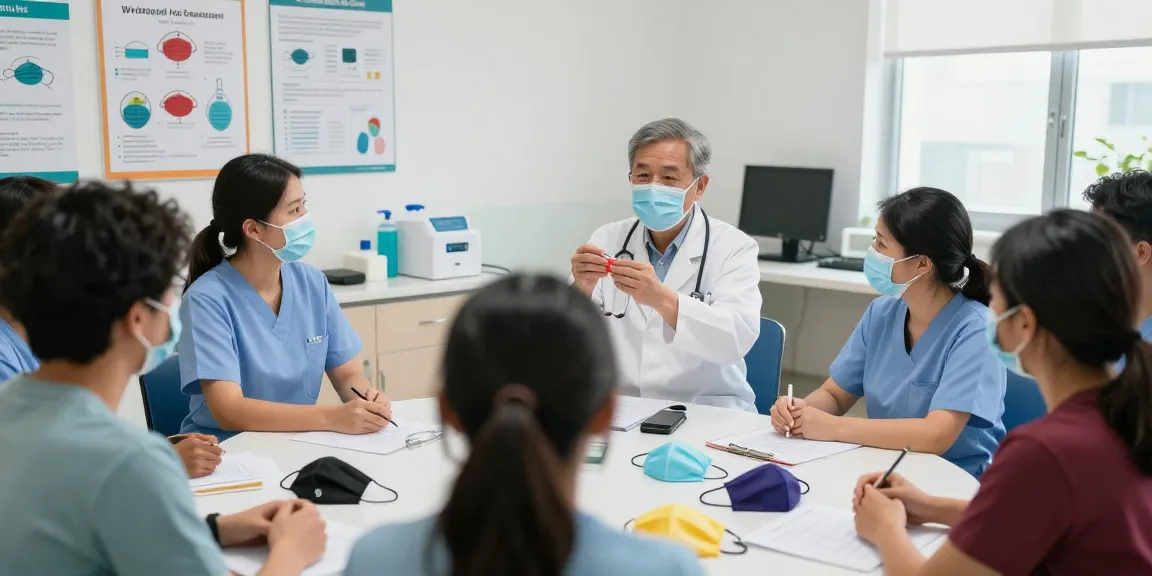 Health professionals educating about covid face masks in a workshop.