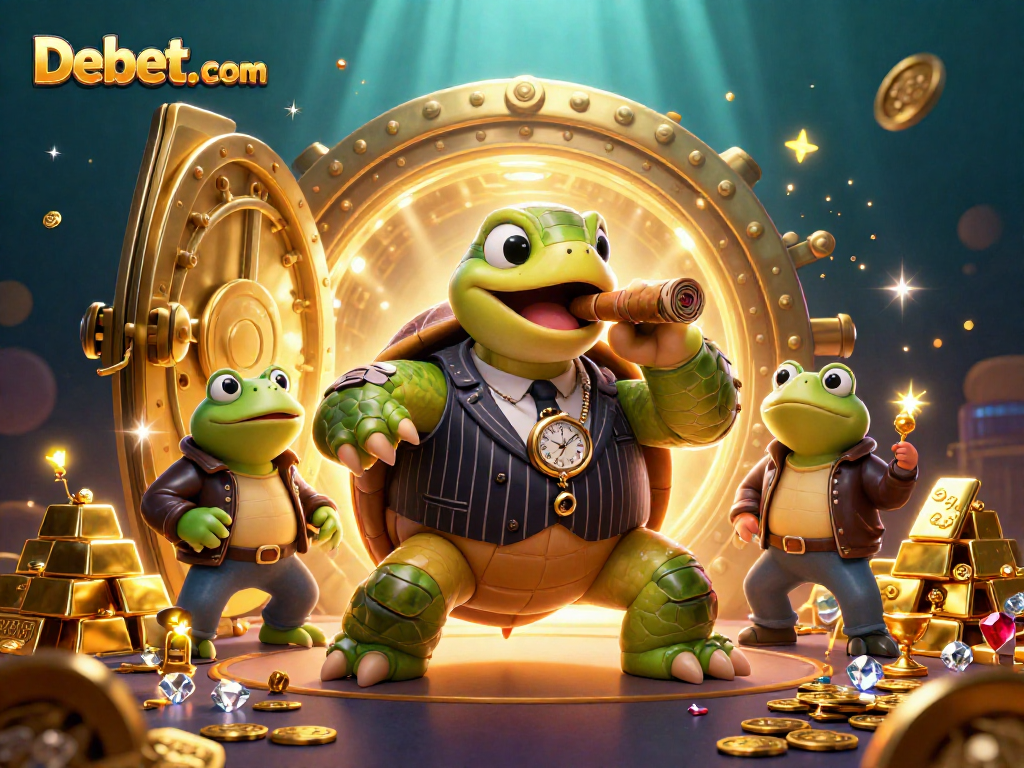 Play casino games and win big at Debet. com, featuring a vibrant turtle mobster and frog enforcers.