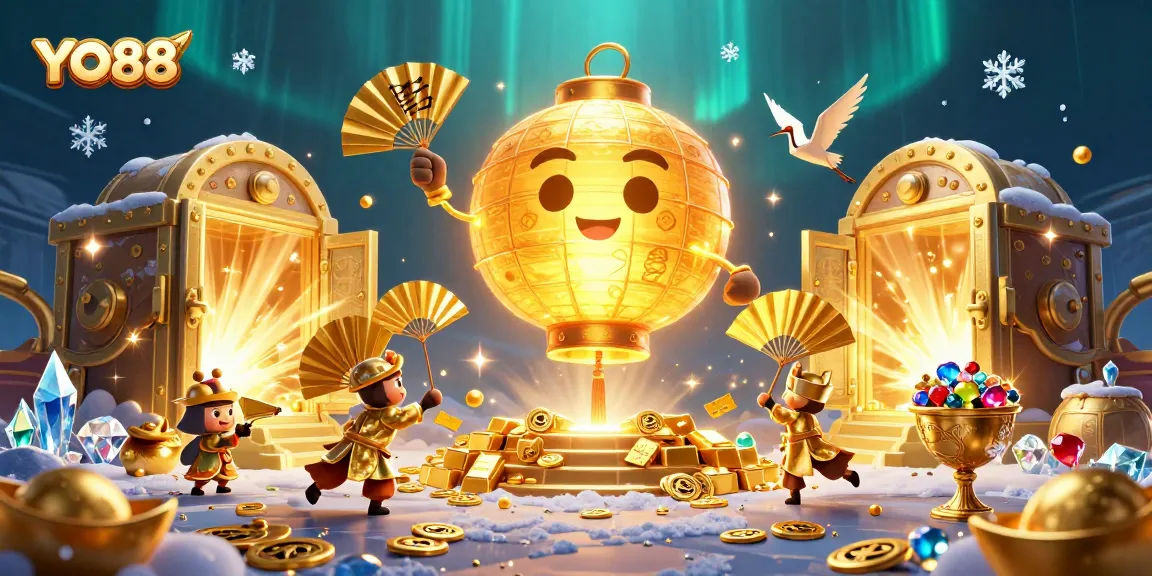 Experience the thrill at YO88 with golden treasures and vibrant characters in a dynamic casino scene.