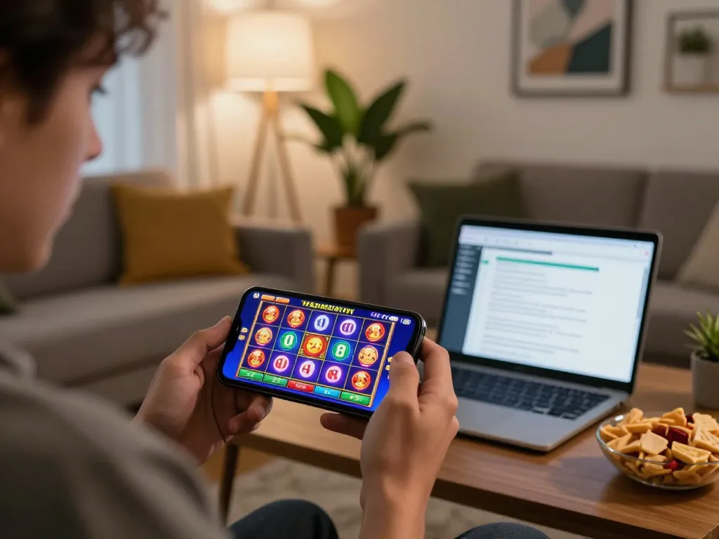 Engaging in slot gacor online gaming using smartphone in a cozy home environment