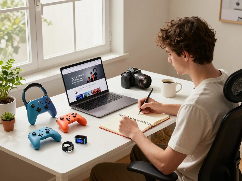 Engaged professional testing affordable tech gadgets in a modern workspace.