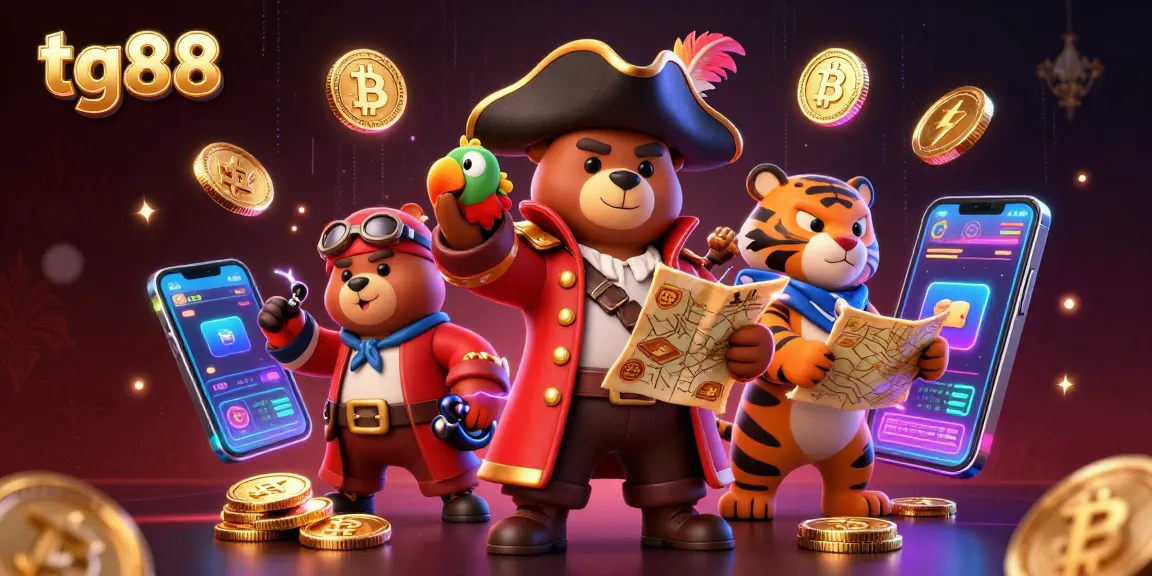 tg88 engaging players in a vibrant casino scene with cartoon pirate characters and crypto elements