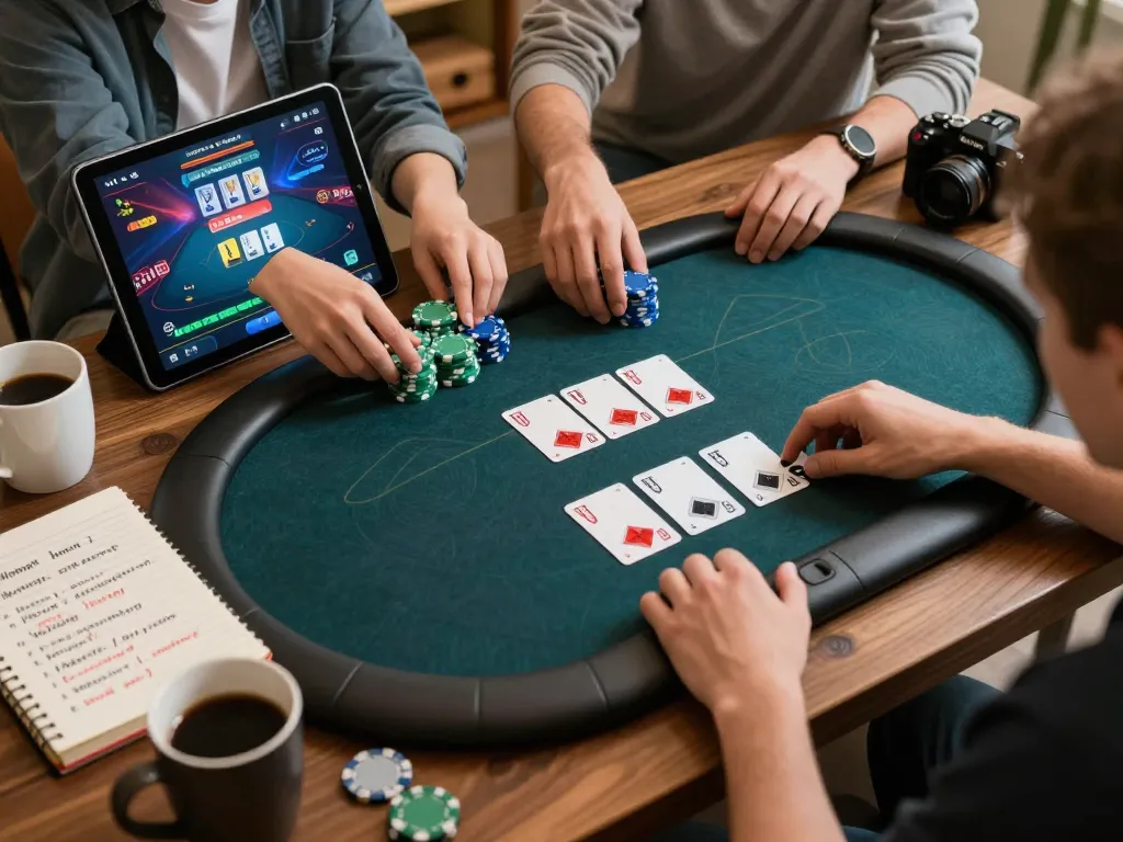 Go99 online poker game setup with active player strategy in a cozy home environment