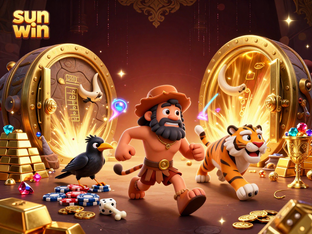 Experience the sun win excitement in a prehistoric casino scene with cavemen and treasure.