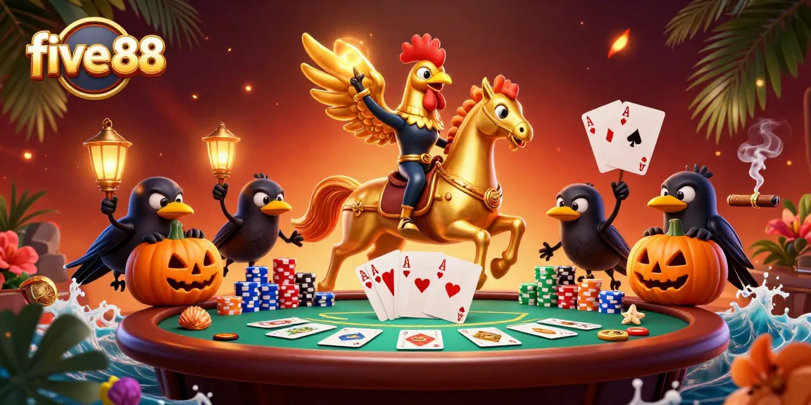 Experience four aces at five 88's casino with the vibrant golden rooster and epic gaming elements.