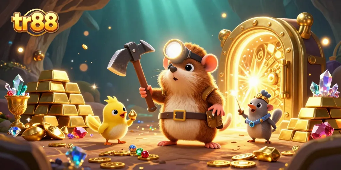 Craft your fortune with TR88 as a treasure hunter navigates a vibrant casino world.