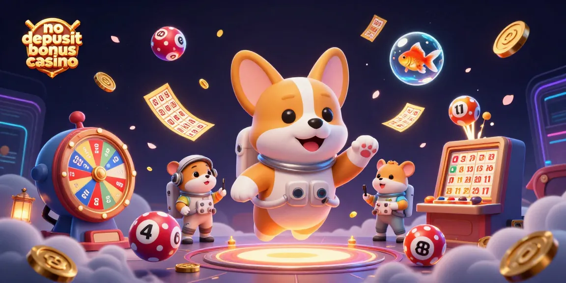 A vibrant scene of a no deposit bonus casino featuring a floating corgi astronaut, colorful lottery balls, and dynamic game elements.