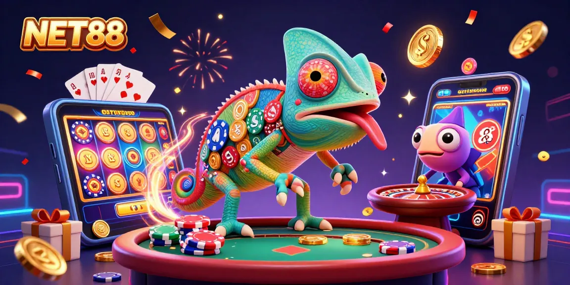 Spin and win with NET88 in a vibrant, action-packed casino scene featuring a chameleon owner.