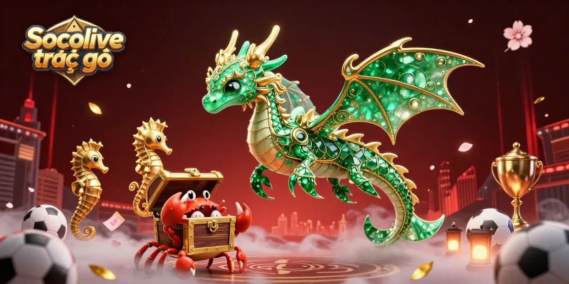 Socolive trực tiếp showcases dynamic sports betting elements with an emerald sea dragon and vibrant illustrations.