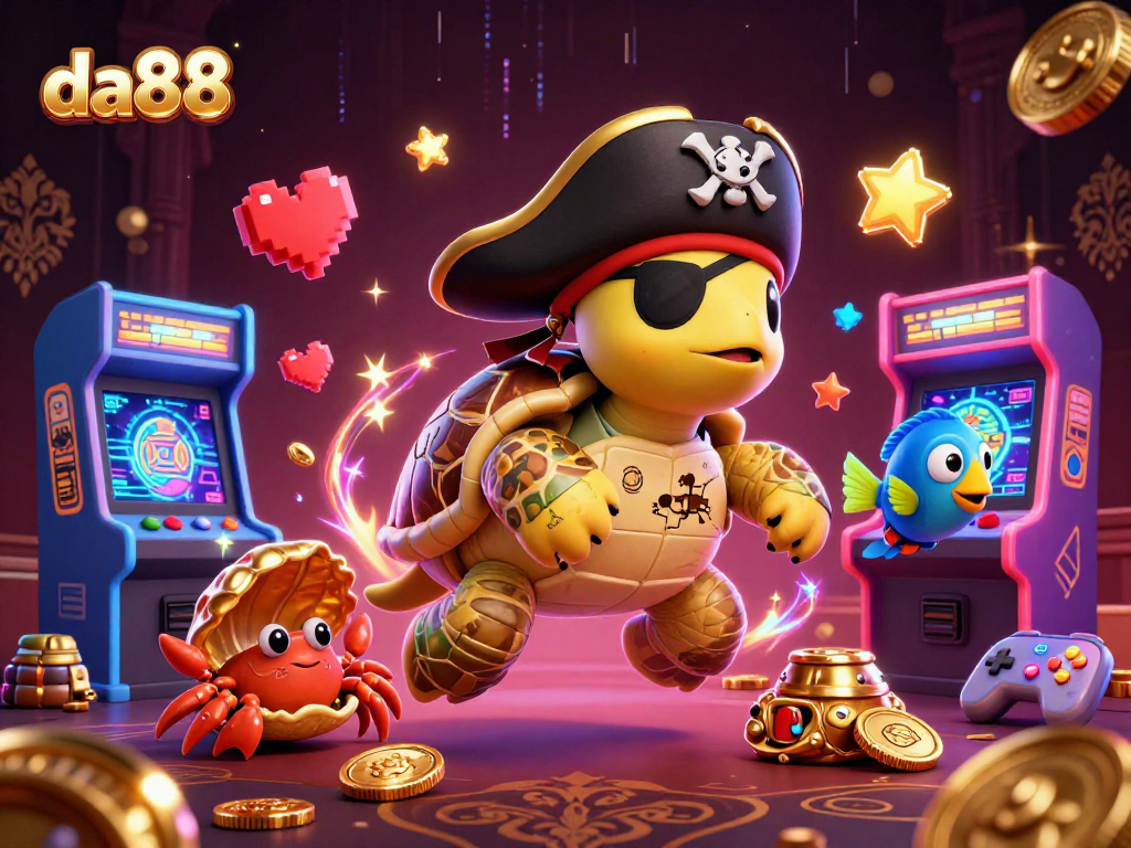 Join da88 for thrilling gaming adventures featuring a cartoon pirate turtle, crab, and parrotfish.