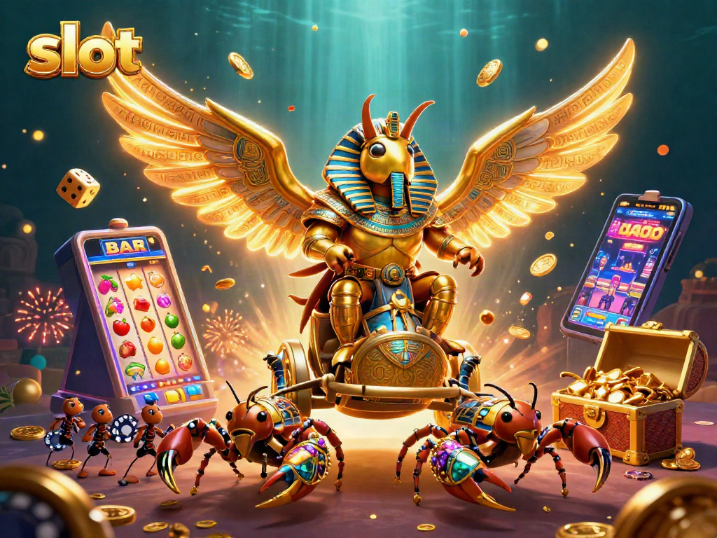 Engage in thrilling slot action with a colossal scarab and dazzling jackpot explosion.