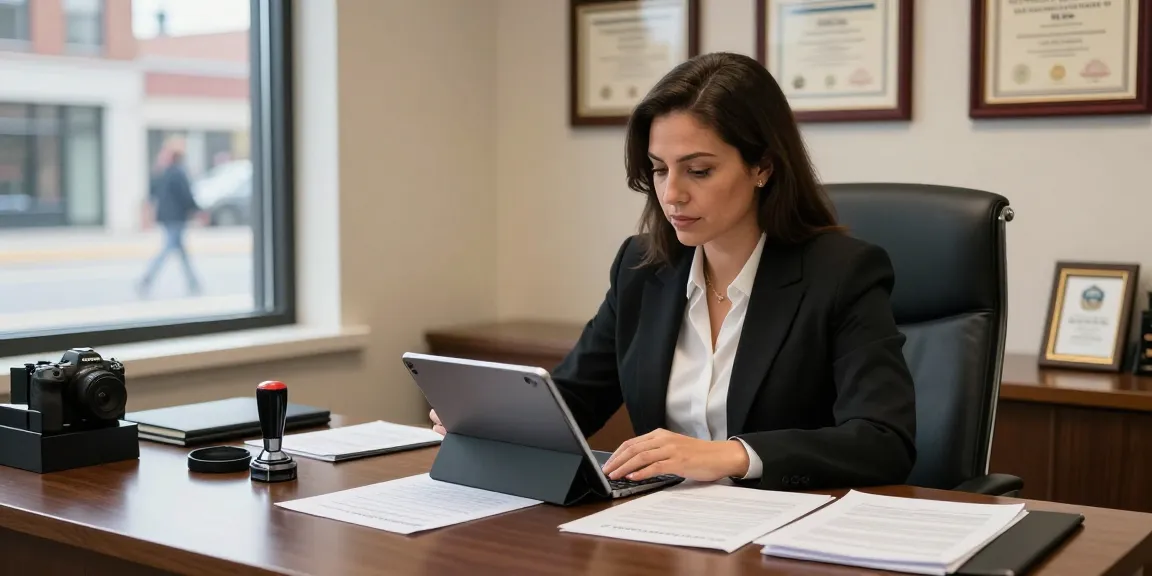 Expert public notary Brampton reviewing legal documents in a professional office setting.