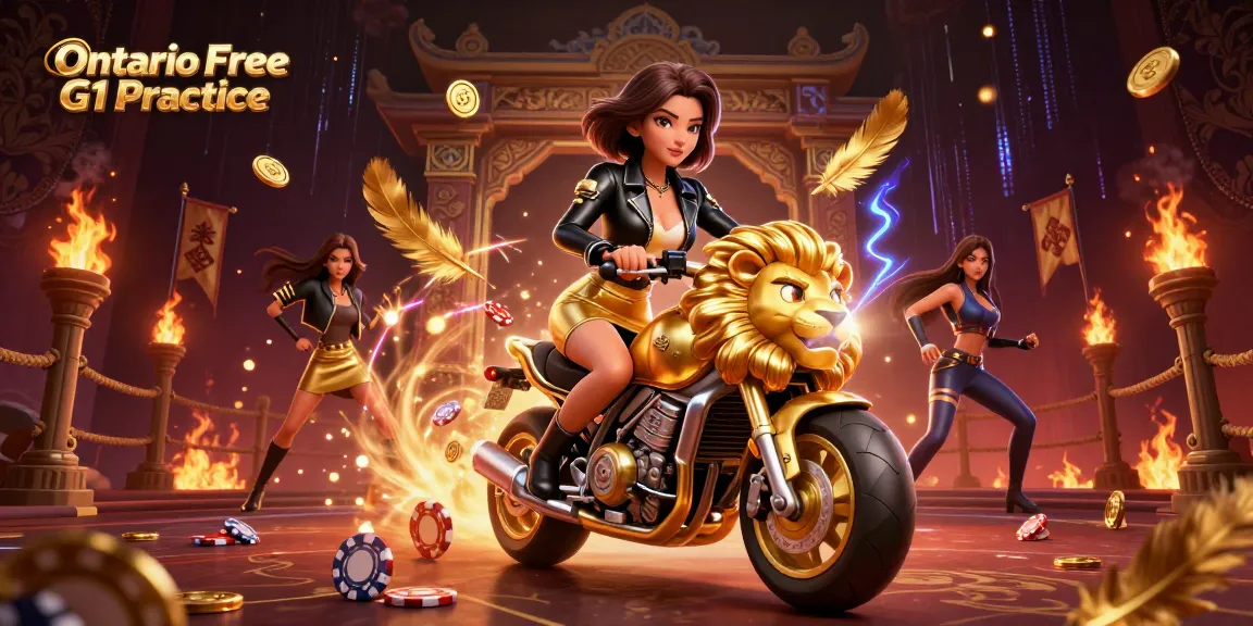 Engage with Ontario Free G1 Practice through a vibrant 3D illustration featuring a glam character in a dynamic casino setting.