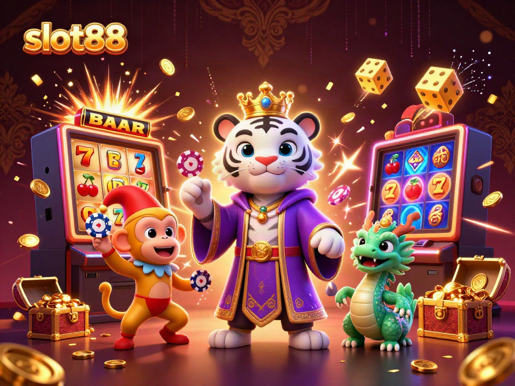 Experience thrilling jackpots with slot88 in this vibrant 3D illustration of casino excitement.