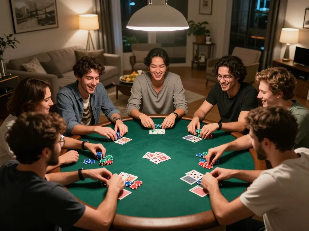 Engaging home poker night showcasing game bài đổi thưởng uy tín among friends in a cozy atmosphere.