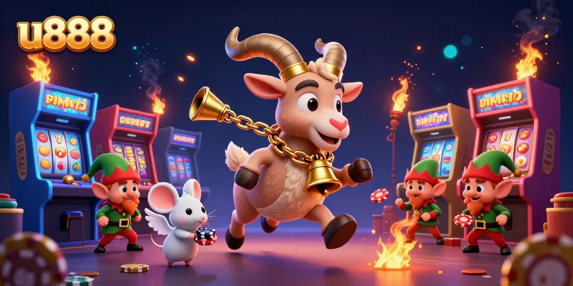 Spin the reels with u888's festive casino scene, featuring interactive characters and vibrant game elements.