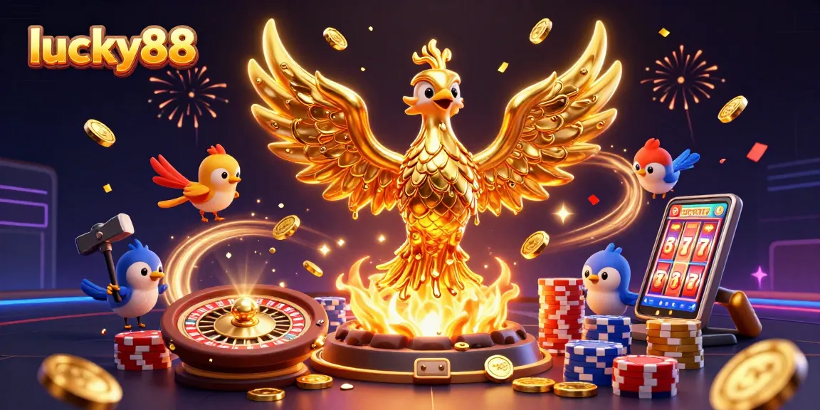 Experience lucky88 excitement with a molten metal phoenix and vibrant casino elements in this dynamic illustration.