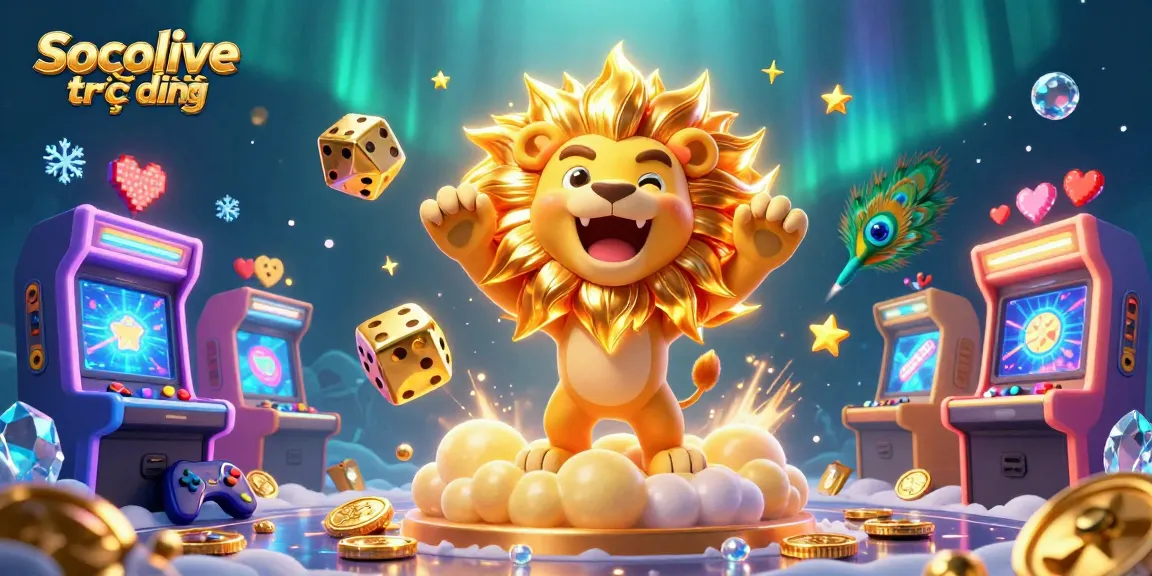Socolive trực tiếp showcases an engaging casino scene with a roaring sun lion and golden dice, perfect for online gaming.