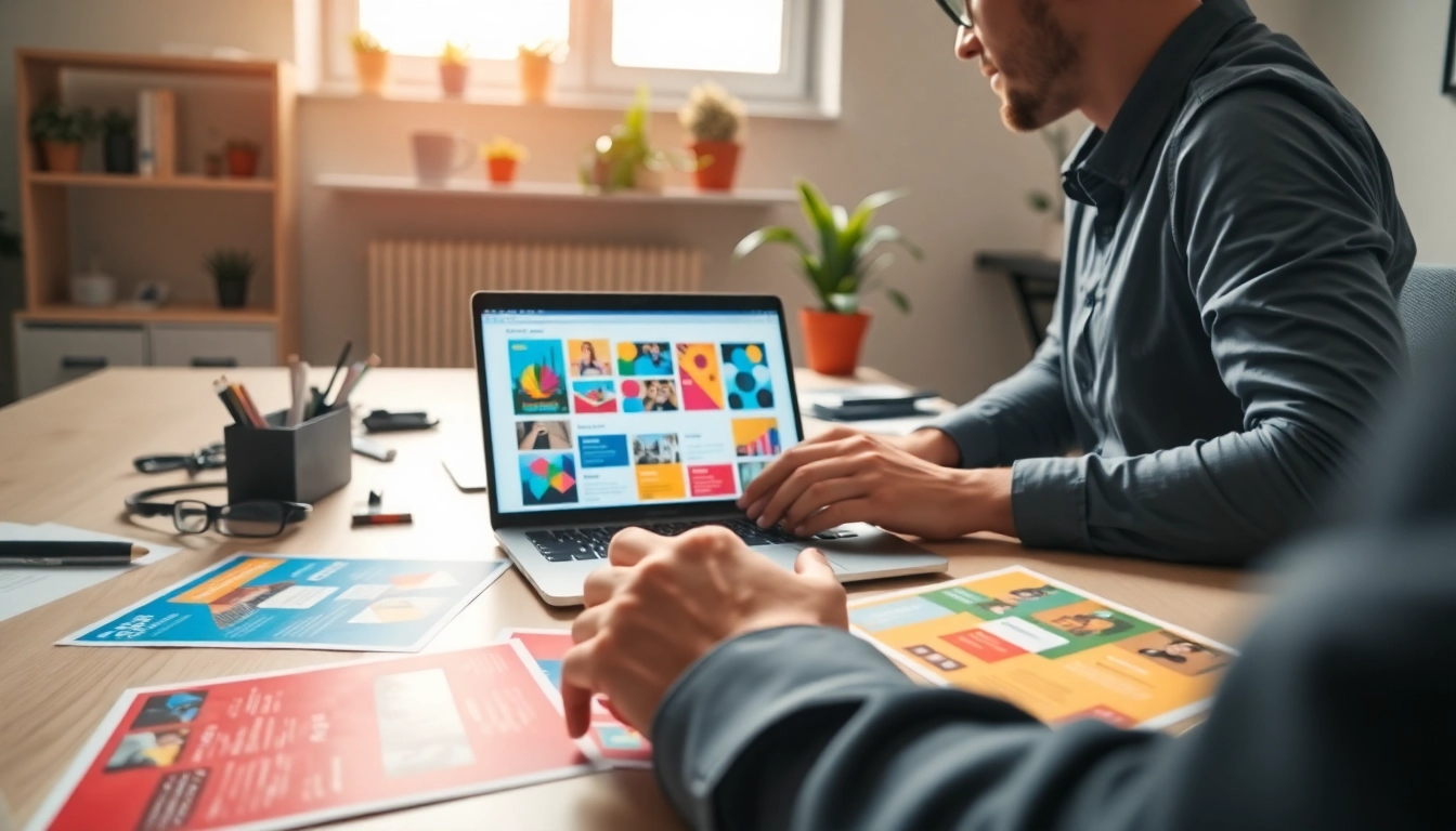 Engaging graphic designer producing eye-catching flyers online with vibrant colors.