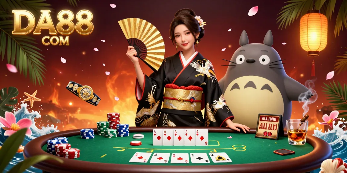Experience the excitement of DA88 COM poker with an elegant Asian woman and a wise tanuki amidst vibrant casino elements.