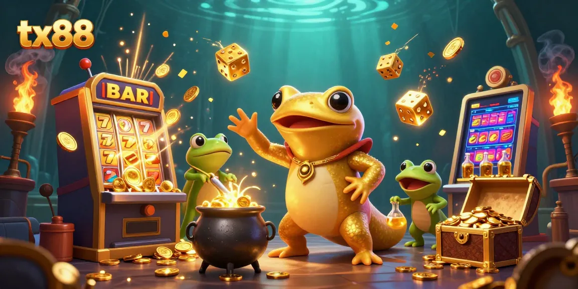 Experience tx88 magic as golden salamander transforms base metals into gold coins surrounded by vibrant casino elements.