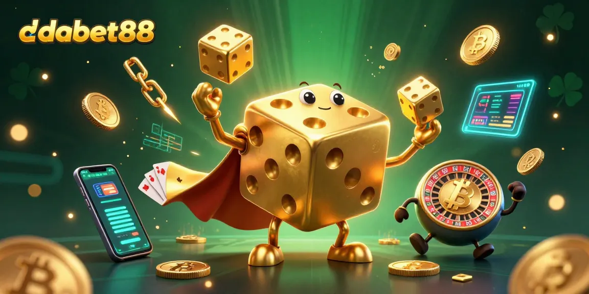 Engage with dabet88's vibrant 3D casino world, featuring golden dice and cryptocurrency elements in a rich scene.