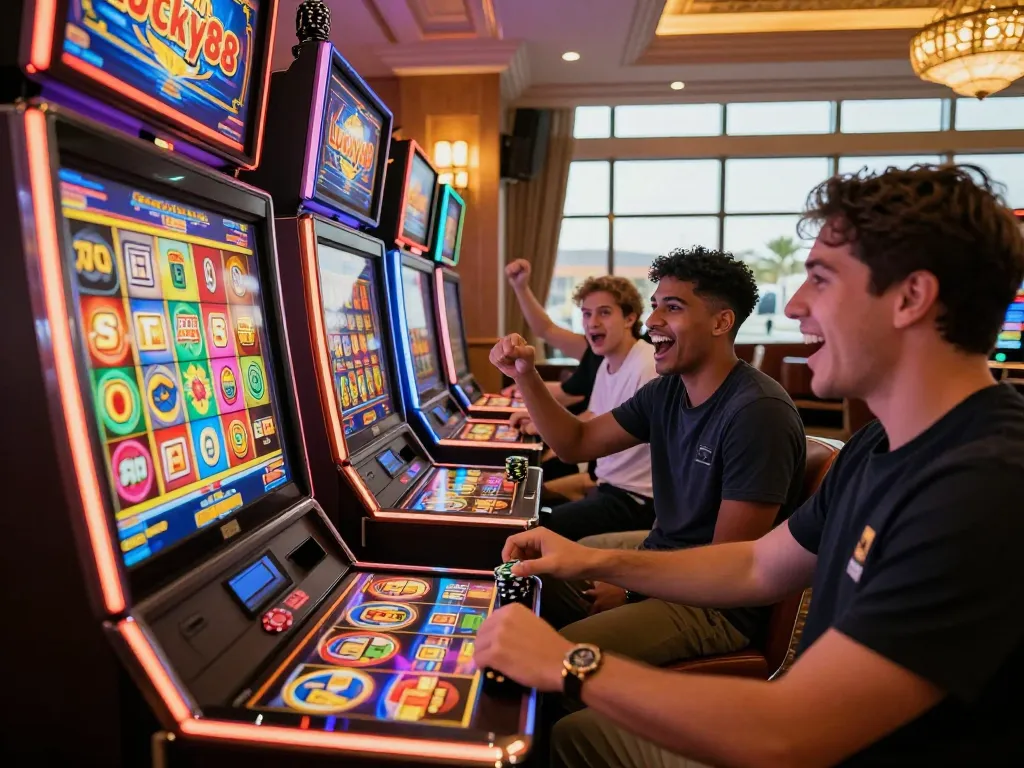 Players celebrating wins on the Lucky88 slot machine surrounded by vibrant lights and exciting atmosphere.