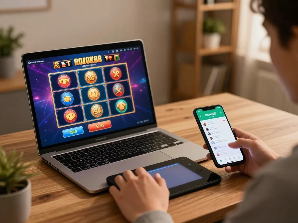 Engaging with rokok88 app while playing slots on a modern laptop in a cozy home office.