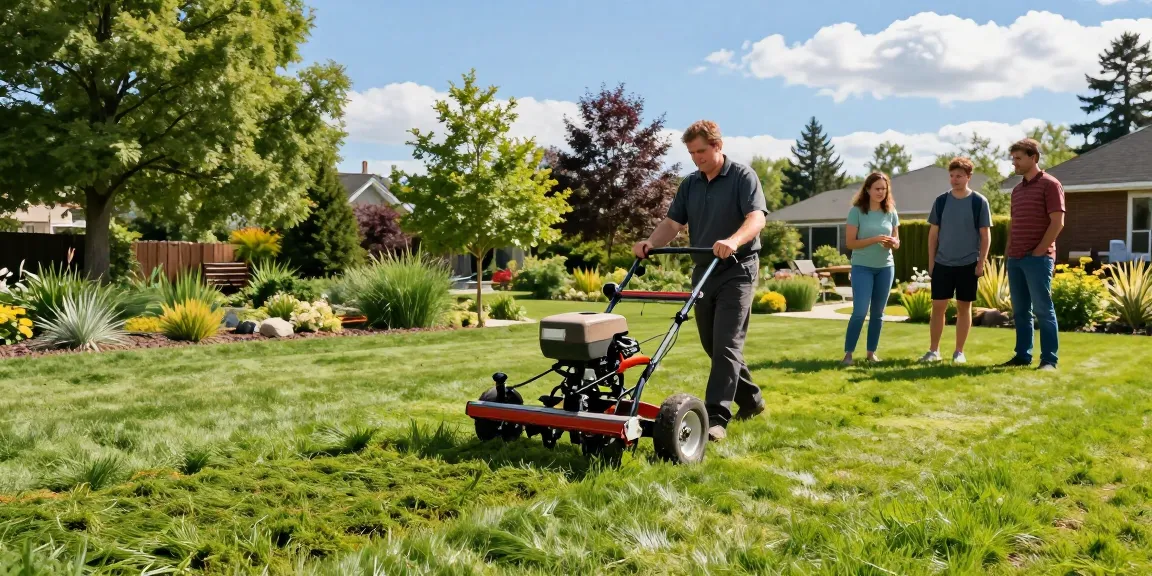 Slit seeding Ottawa lawn care scene with landscaping professional revitalizing grass.