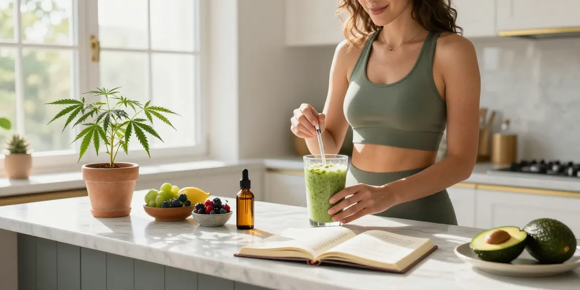 Ministry of Cannabis CBD oil on marble kitchen counter with fresh ingredients for a healthy smoothie, embodying natural wellness.