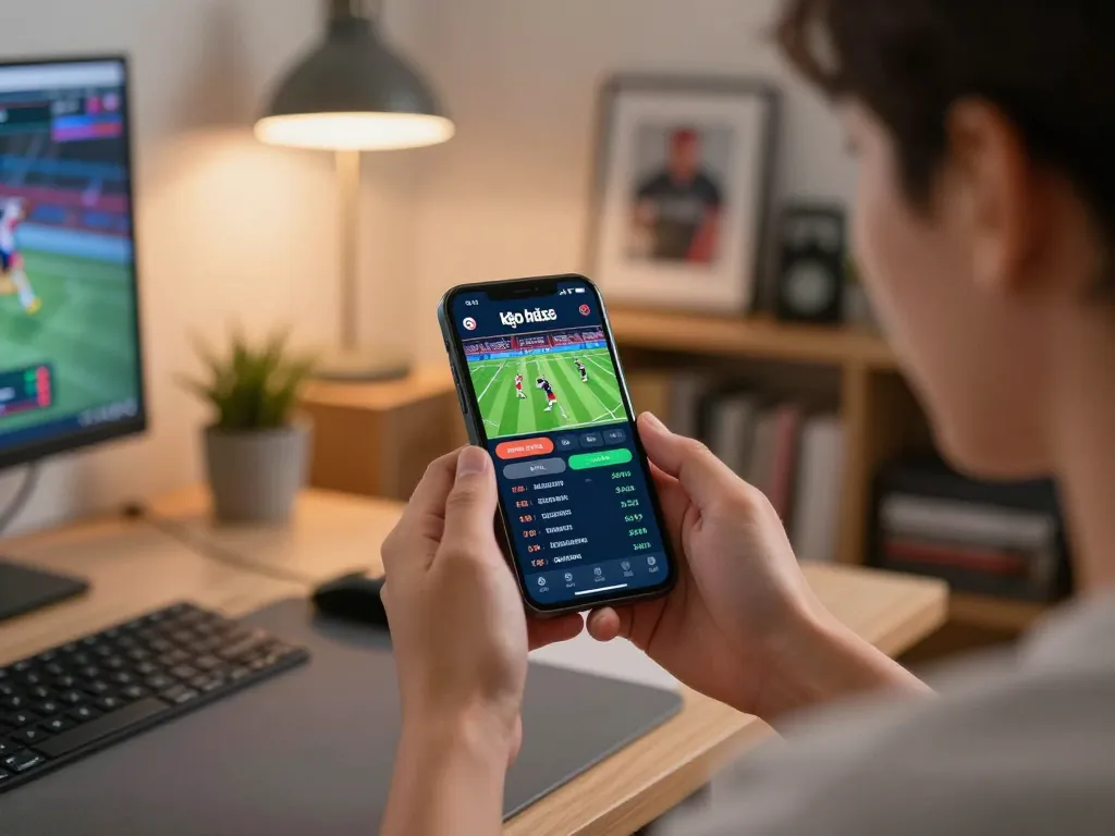 Engaging with kèo nhà cái 88 through a sports betting app on a smartphone in a cozy home office.
