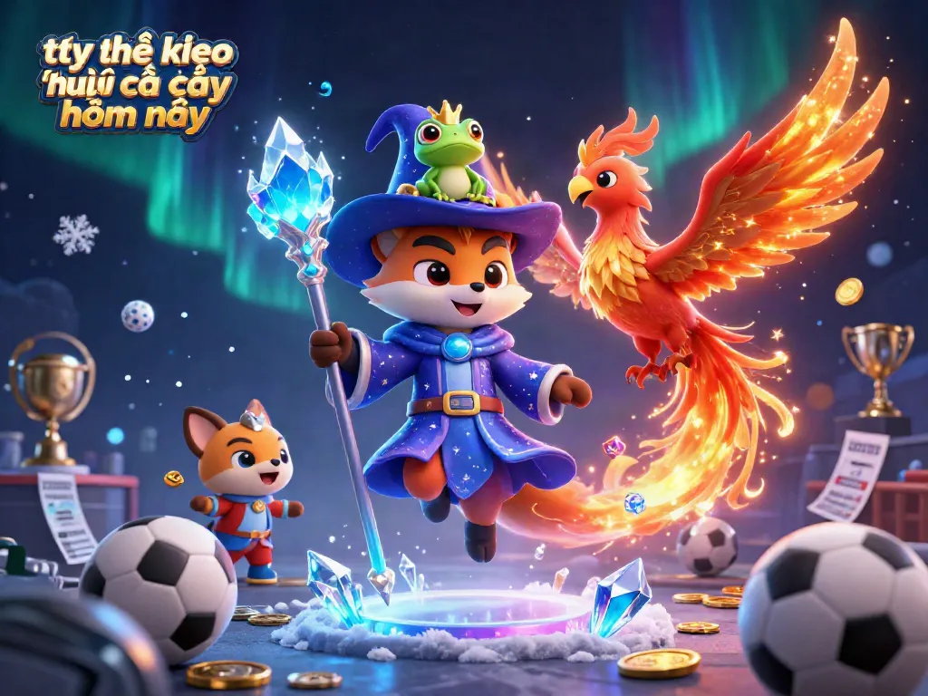 Bet on tỷ lệ kèo nhà cái hôm nay with mystical wizard fox and phoenix, adorned with sports betting elements.
