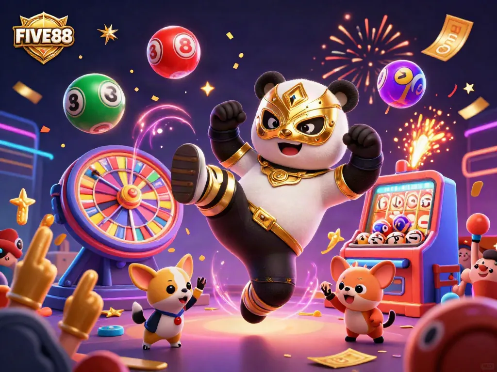 Engage in the excitement of FIVE88 casino action with a vibrant scene featuring a panda wrestler, animal spectators, and dynamic game elements.