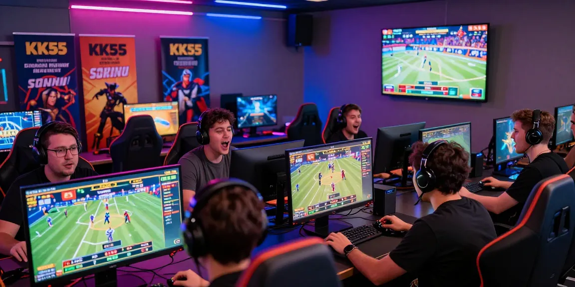 KK55 gaming lounge scene with enthusiasts enjoying live casino and sports betting.